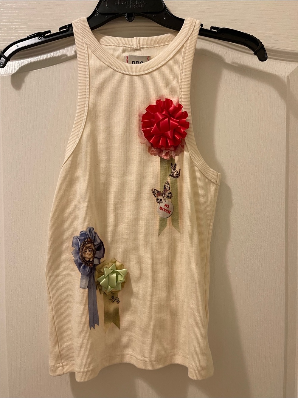 BDG Cream Tank Top with Red, Blue & Light Green Ribbon Rosettes